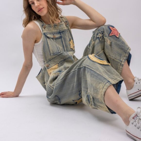 Star And Peace Patchwork Denim Bib Overalls PRE ORDER - Picture 8 of 14